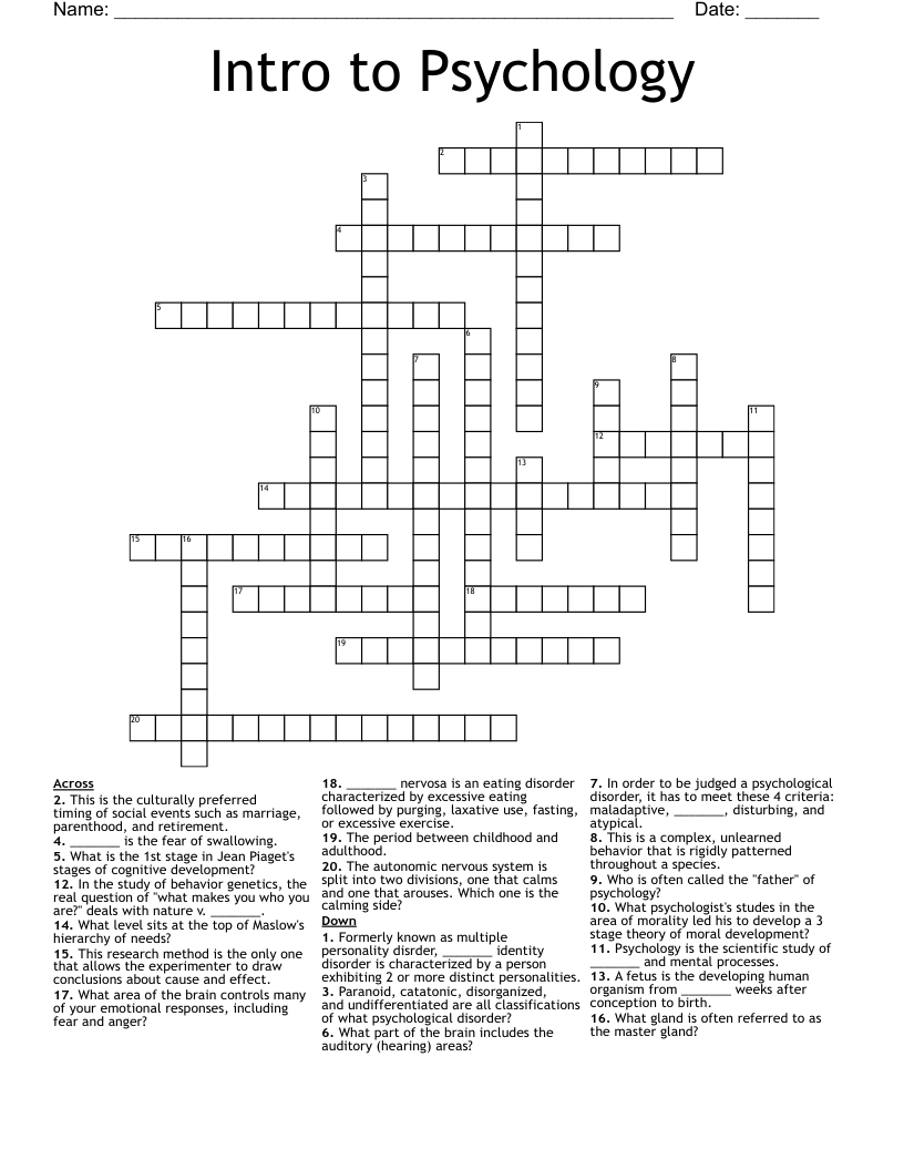 Intro to Psychology Crossword