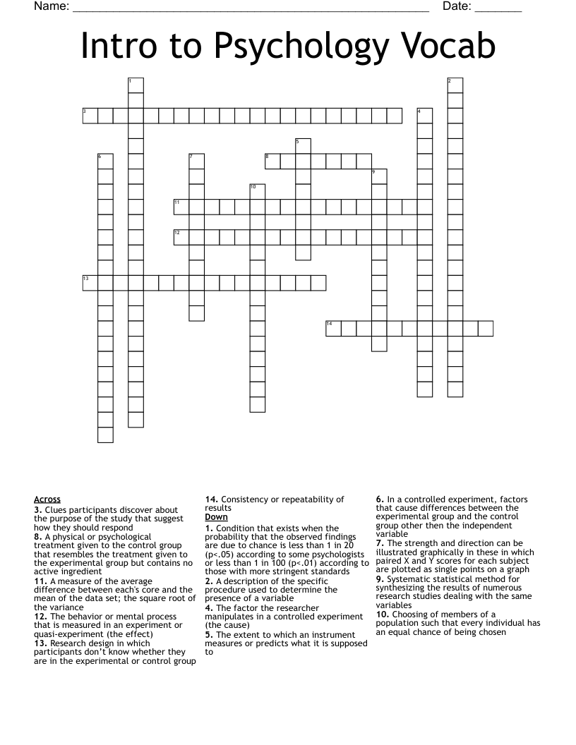 Intro to Psychology Vocab Crossword