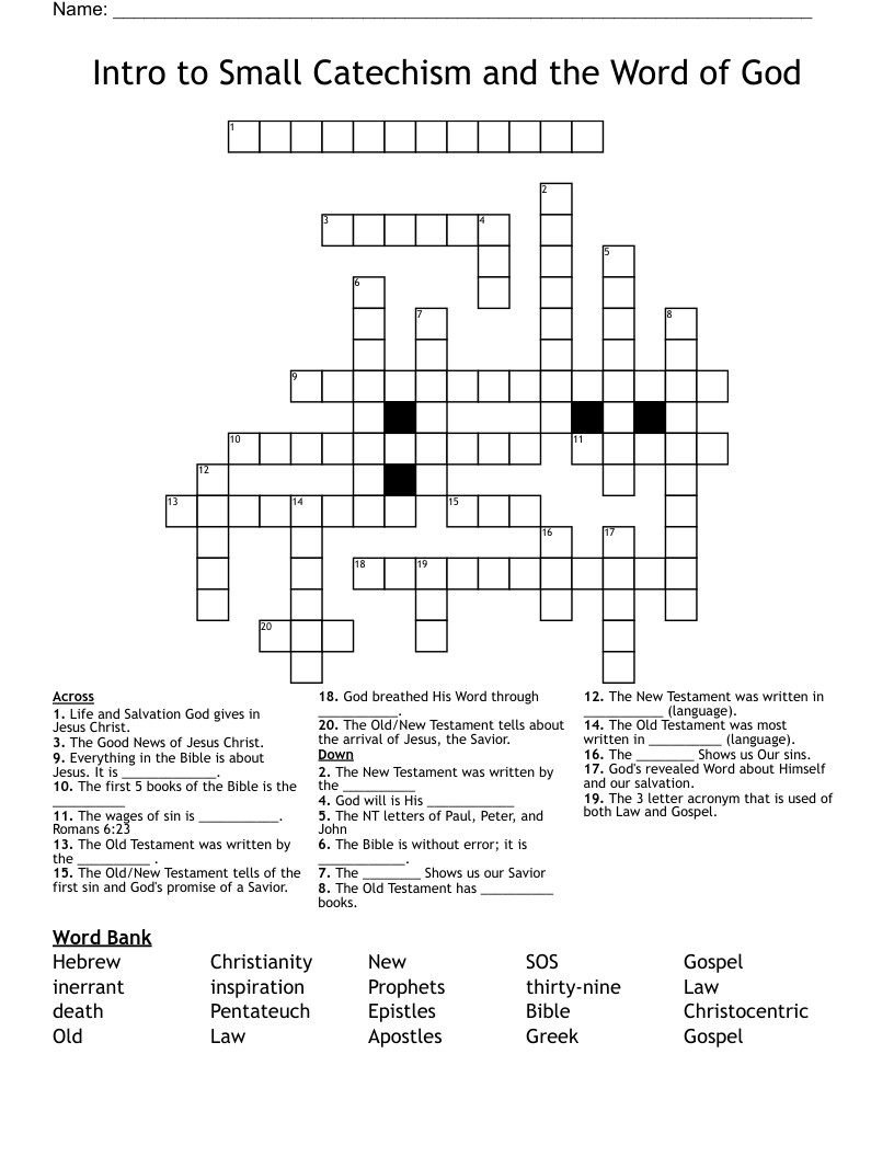 Intro to Small Catechism and the Word of God Crossword