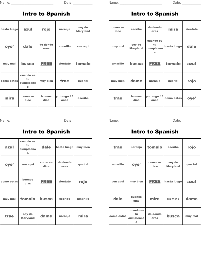 Intro to Spanish Bingo Cards