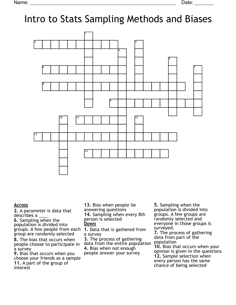 Intro to Stats Sampling Methods and Biases Crossword