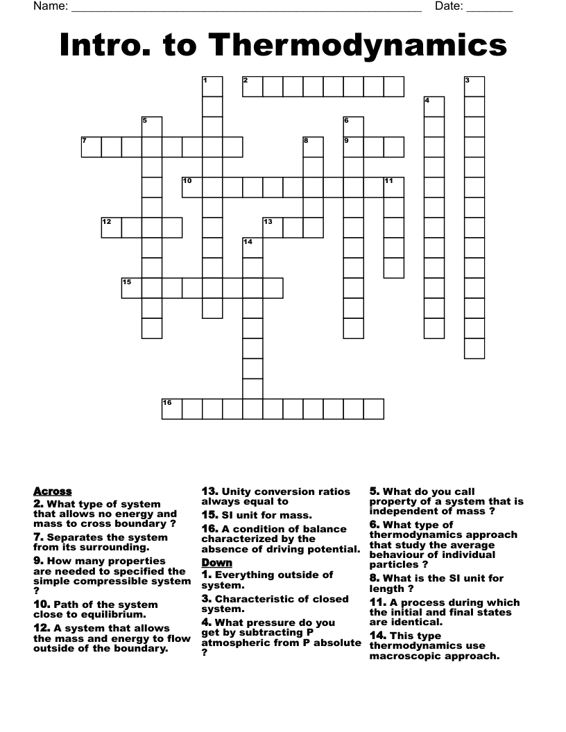 Intro. to Thermodynamics Crossword