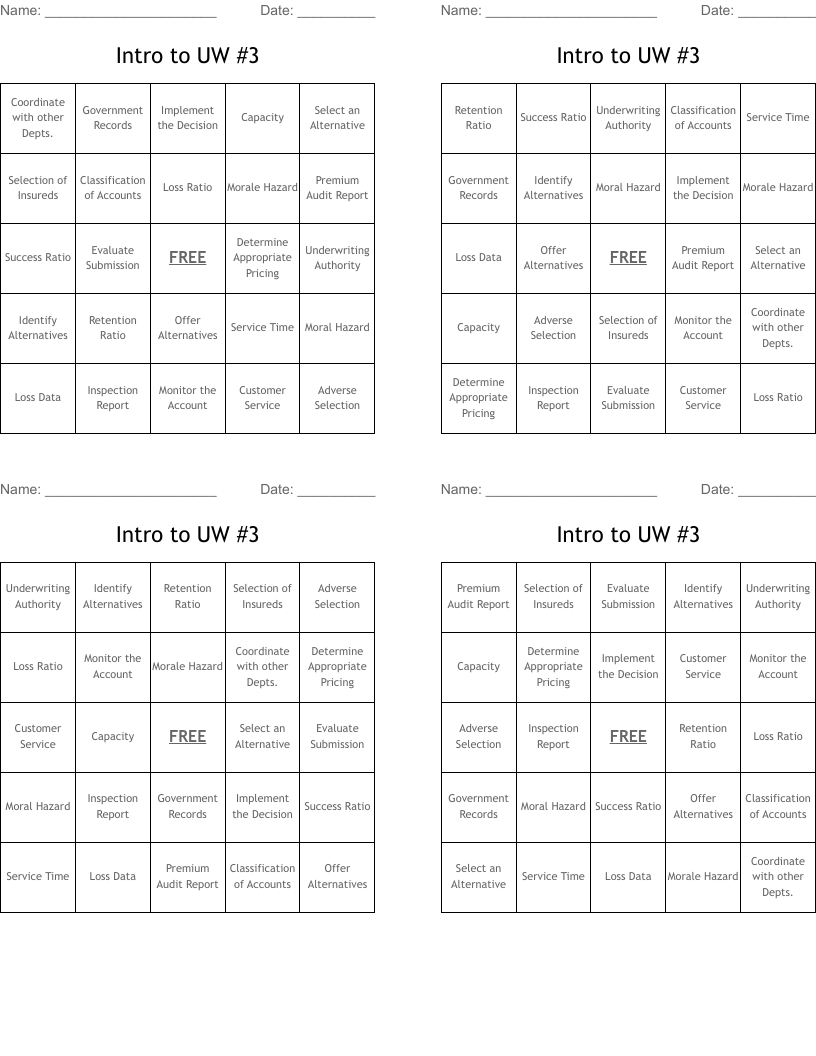 Intro to UW #3 Bingo Cards