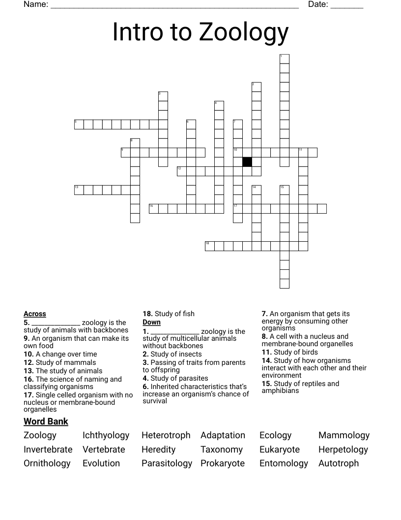 Intro to Zoology Crossword