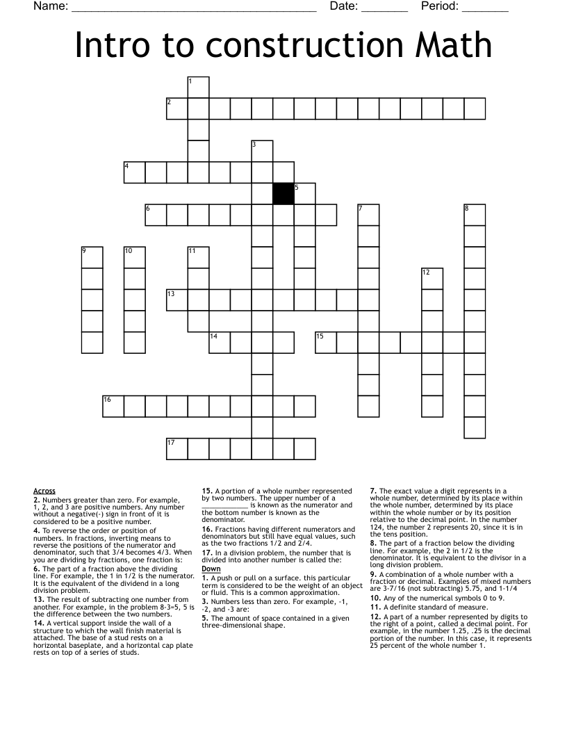 Intro to construction Math Crossword