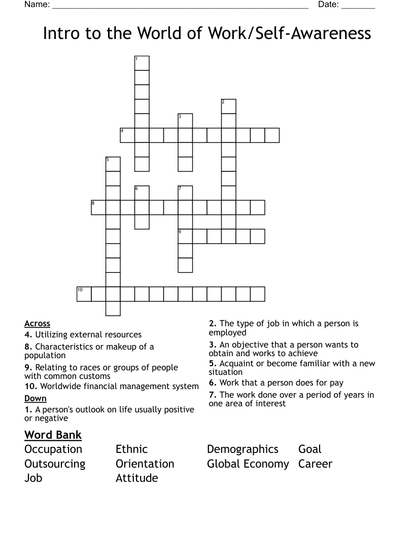 Intro to the World of Work/Self-Awareness Crossword