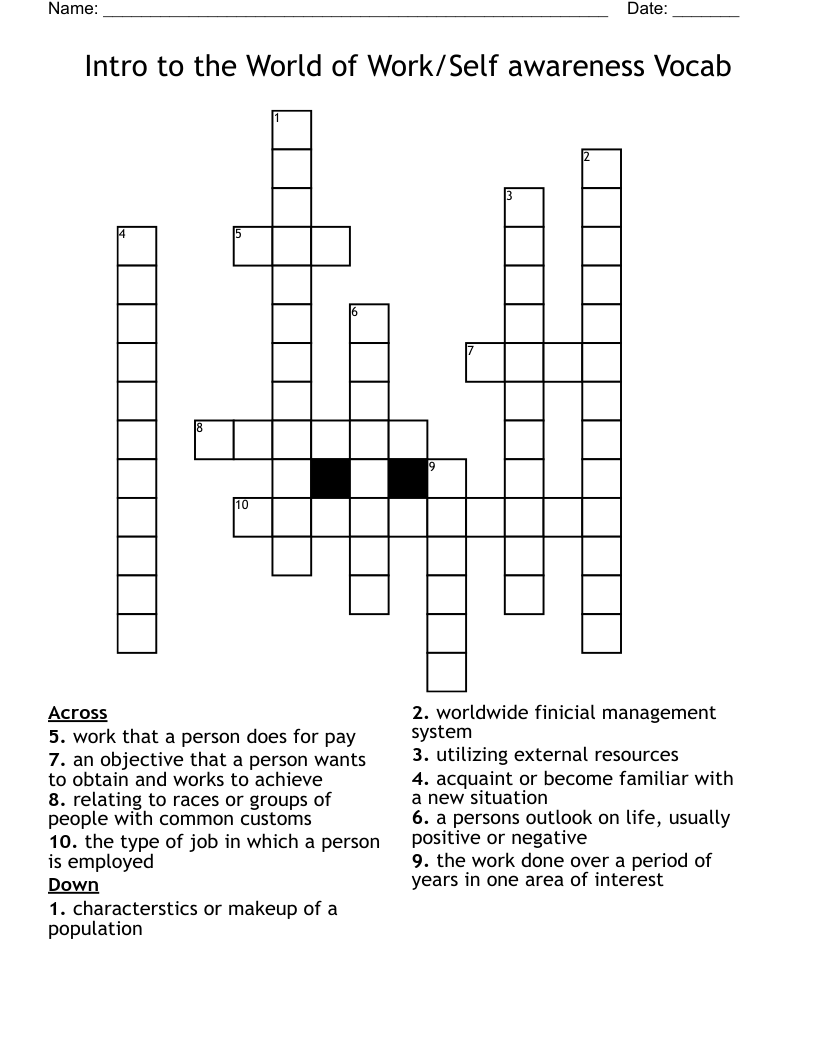 Intro to the World of Work/Self awareness Vocab Crossword