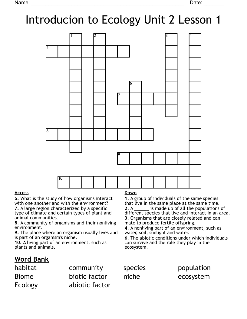 Introducion to Ecology Unit 2 Lesson 1 Crossword