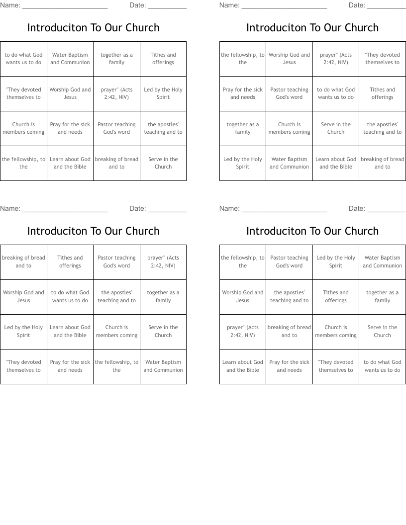Introduciton To Our Church Bingo Cards