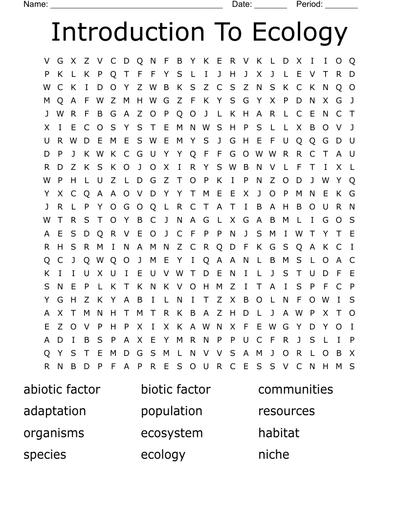 Introduction To Ecology Word Search