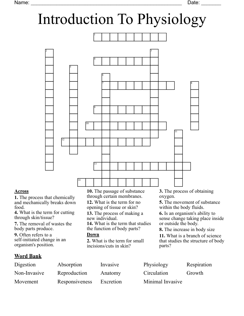 Introduction To Physiology  Crossword