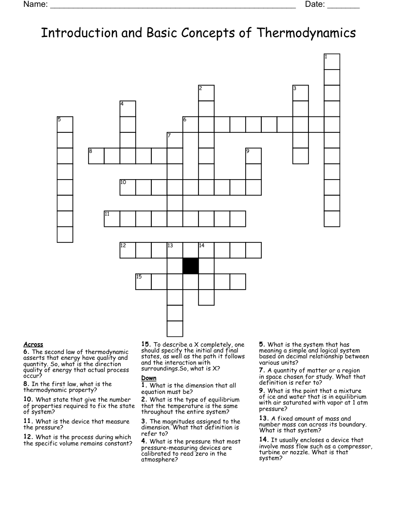 Introduction and Basic Concepts of Thermodynamics Crossword