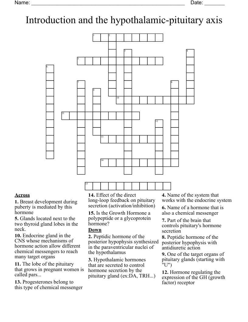 Introduction and the hypothalamic-pituitary axis Crossword