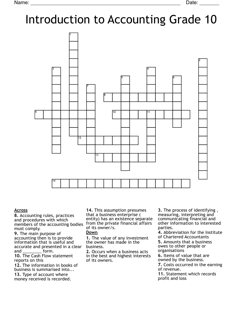Introduction to Accounting Grade 10 Crossword