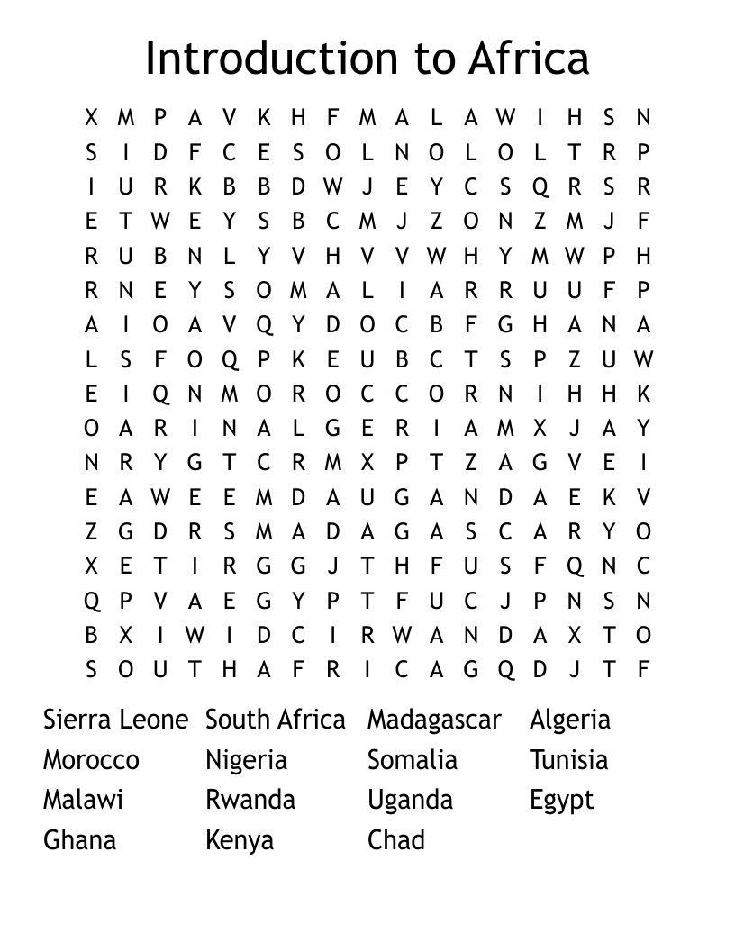Introduction to Africa Word Search