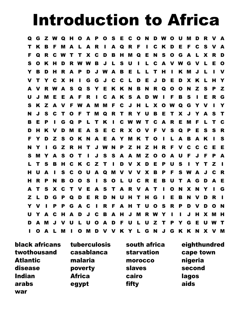 Introduction to Africa Word Search