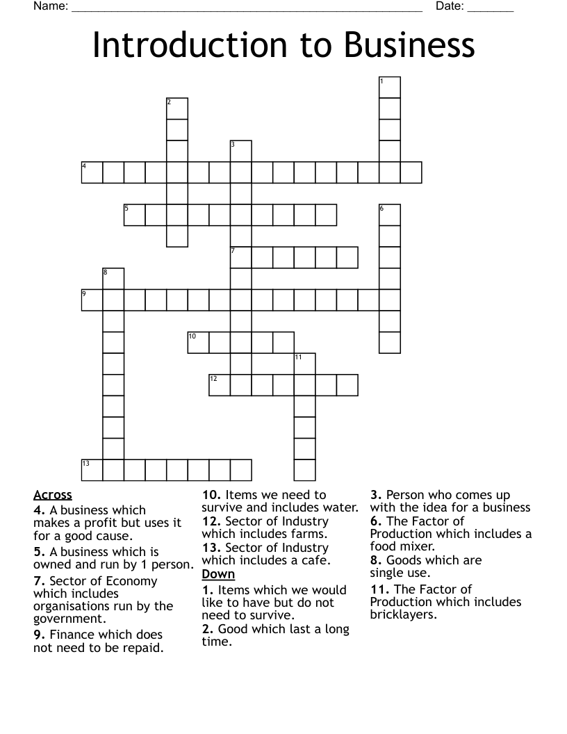 Introduction to Business Crossword