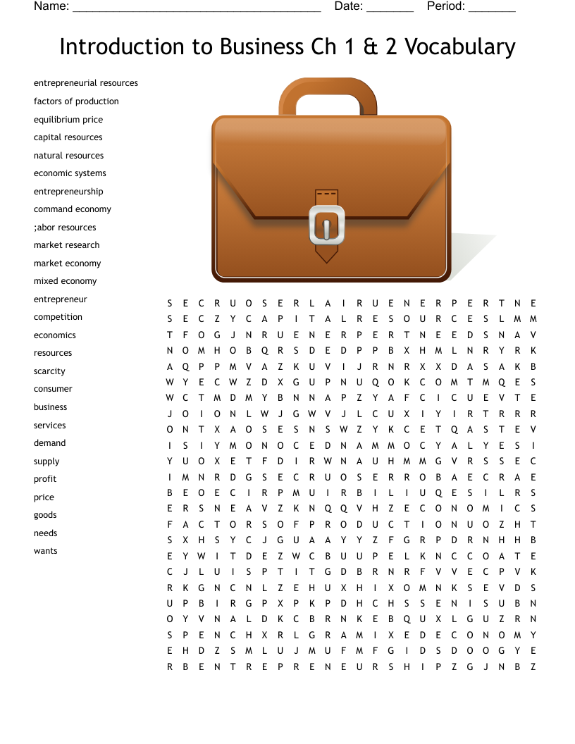 Introduction to Business Ch 1 & 2 Vocabulary Word Search