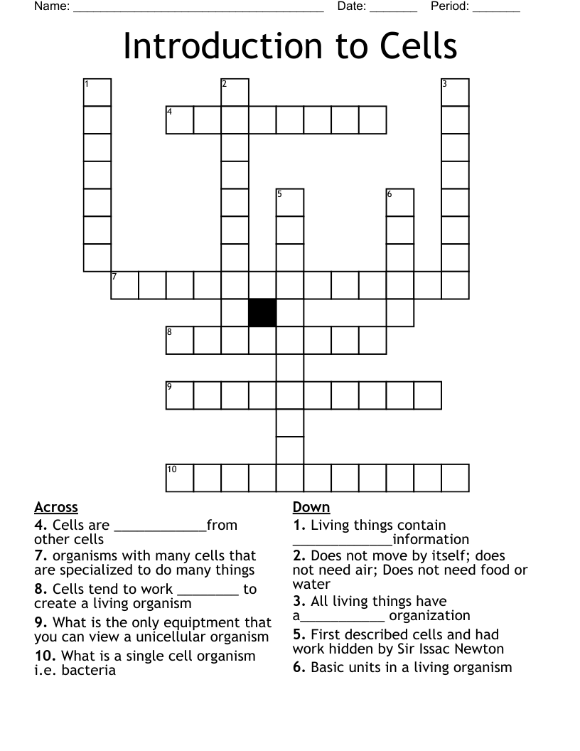 Introduction to Cells Crossword