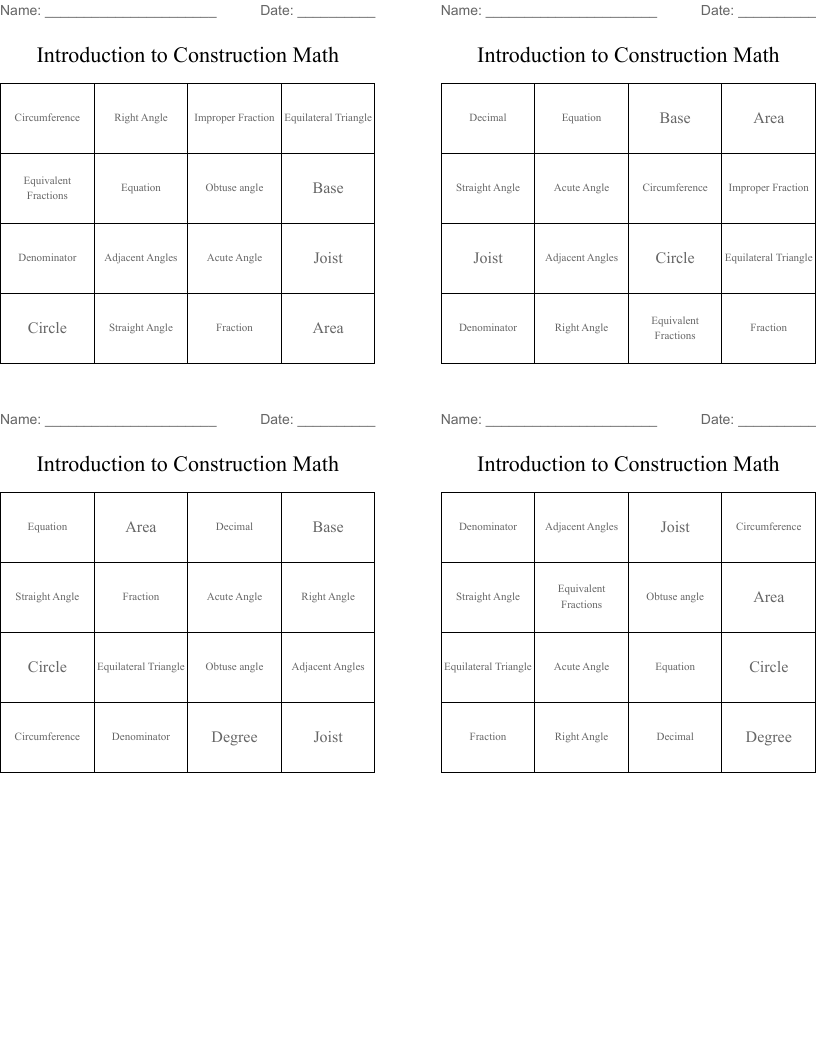 Introduction to Construction Math Bingo Cards