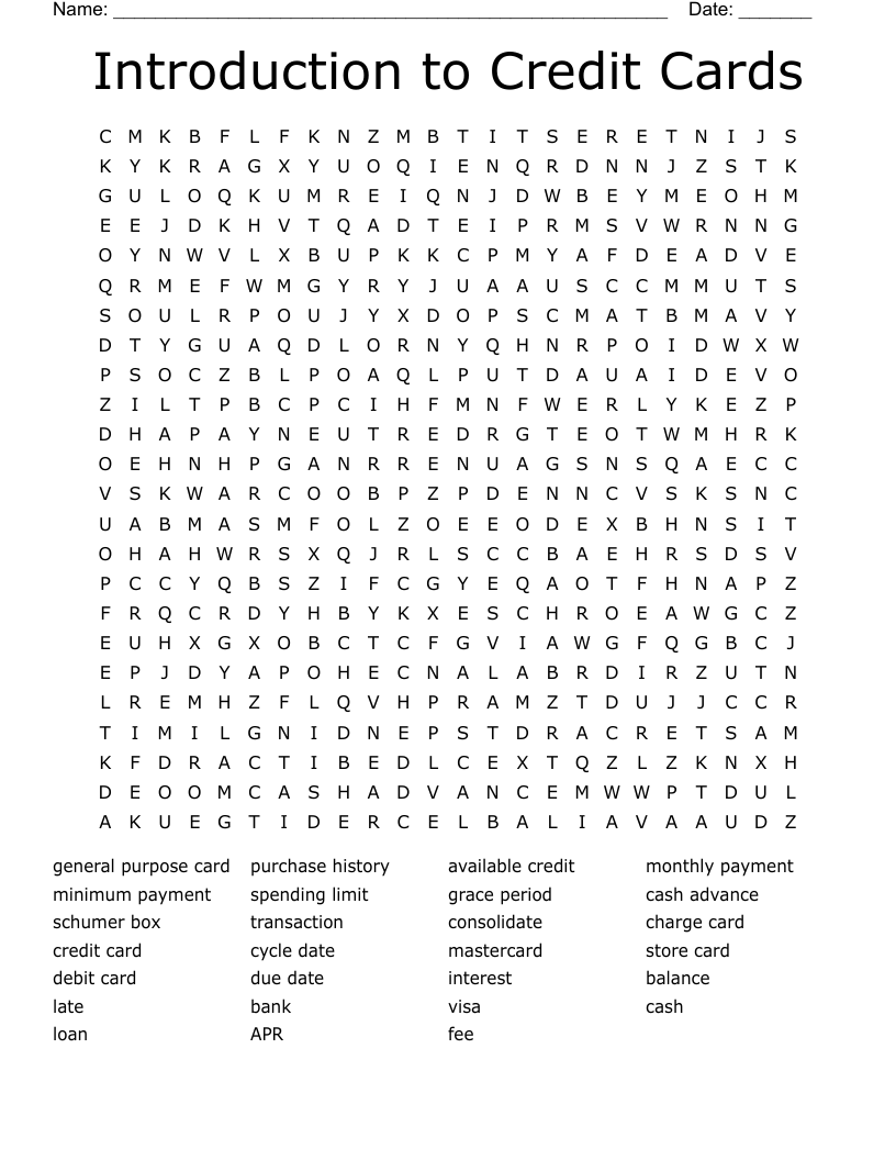 Introduction to Credit Cards Word Search