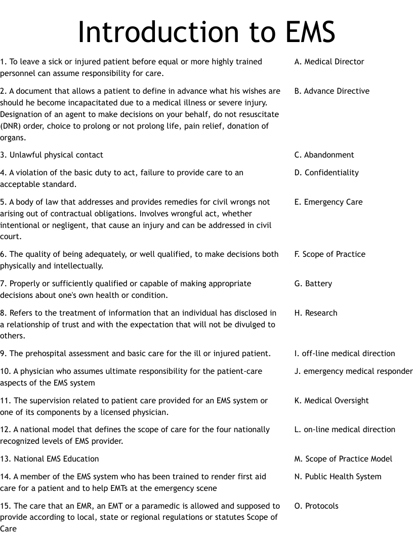 Introduction to EMS Worksheet