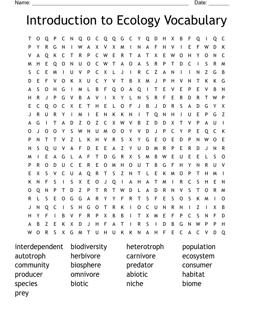 Introduction to Ecology Vocabulary Word Search