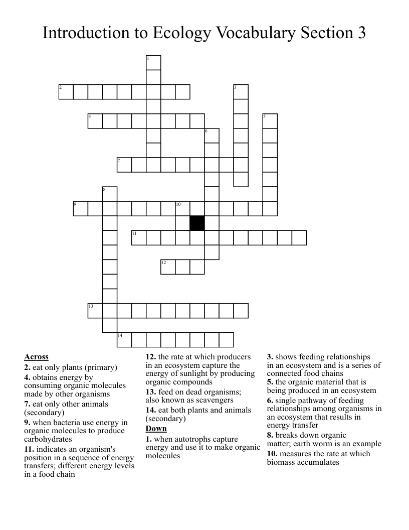 Introduction to Ecology Vocabulary Section 3 Crossword