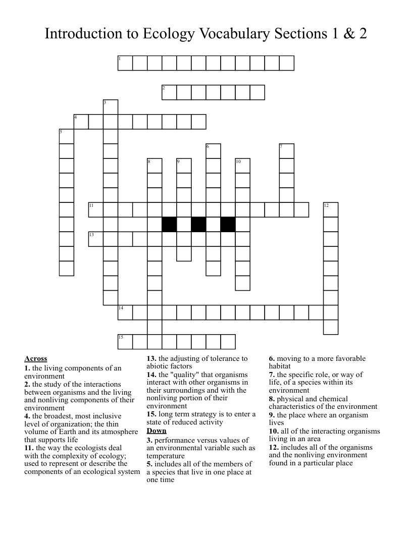 Introduction to Ecology Vocabulary  Sections 1 & 2 Crossword