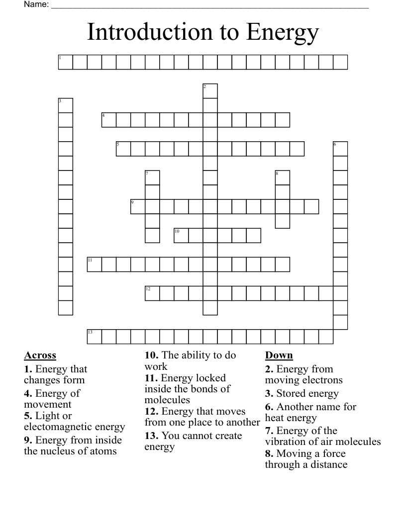 Introduction to Energy Crossword