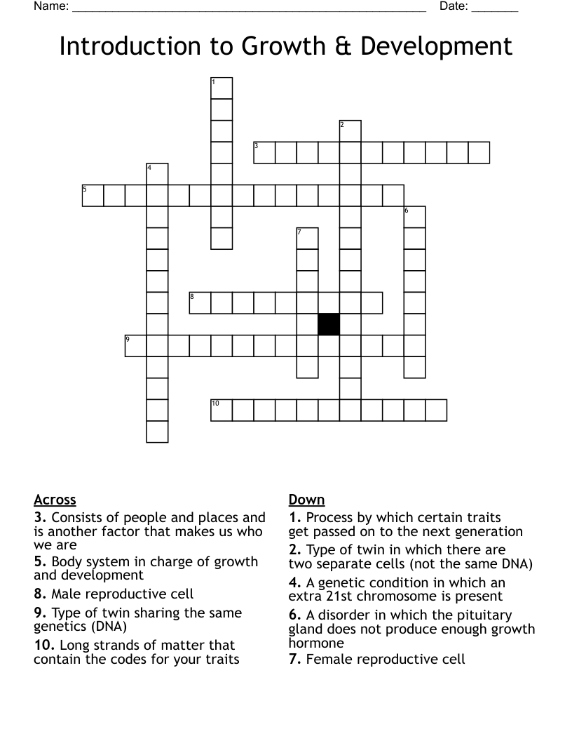 Introduction to Growth & Development Crossword