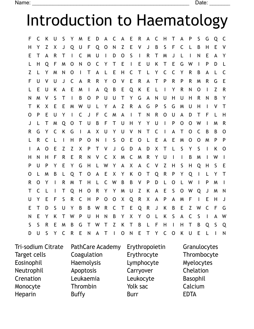 Introduction to Haematology Word Search