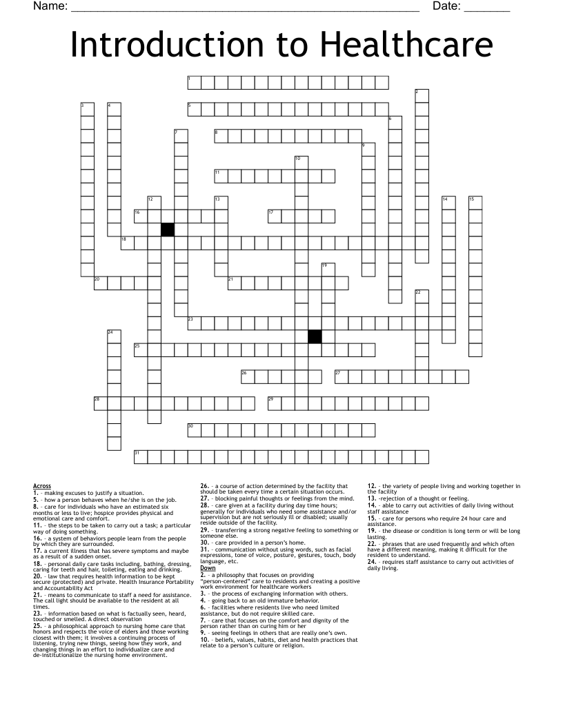 Introduction to Healthcare Crossword
