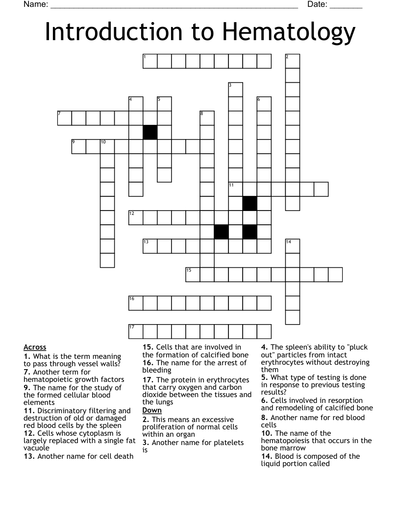 Introduction to Hematology Crossword