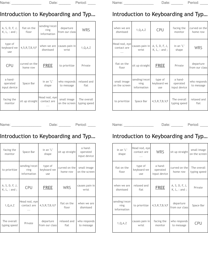 Introduction to Keyboarding and Typing Ergonomics Bingo Cards
