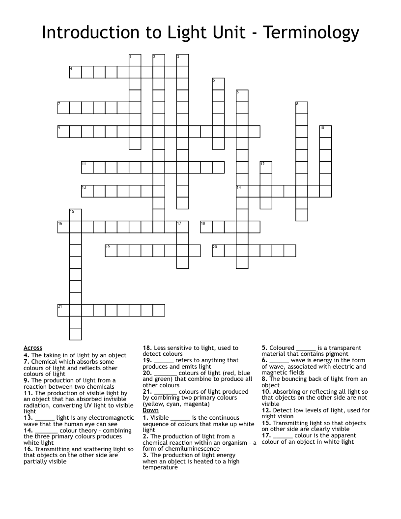 Introduction to Light Unit - Terminology Crossword
