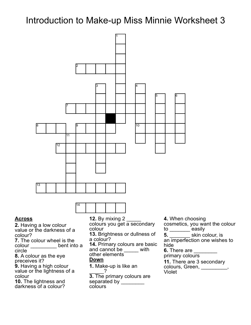 Introduction to Make-up Miss Minnie Worksheet 3 Crossword