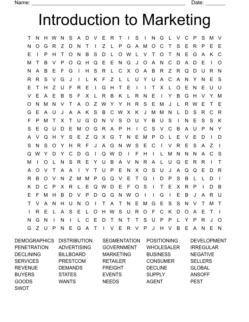 Introduction to Marketing Word Search