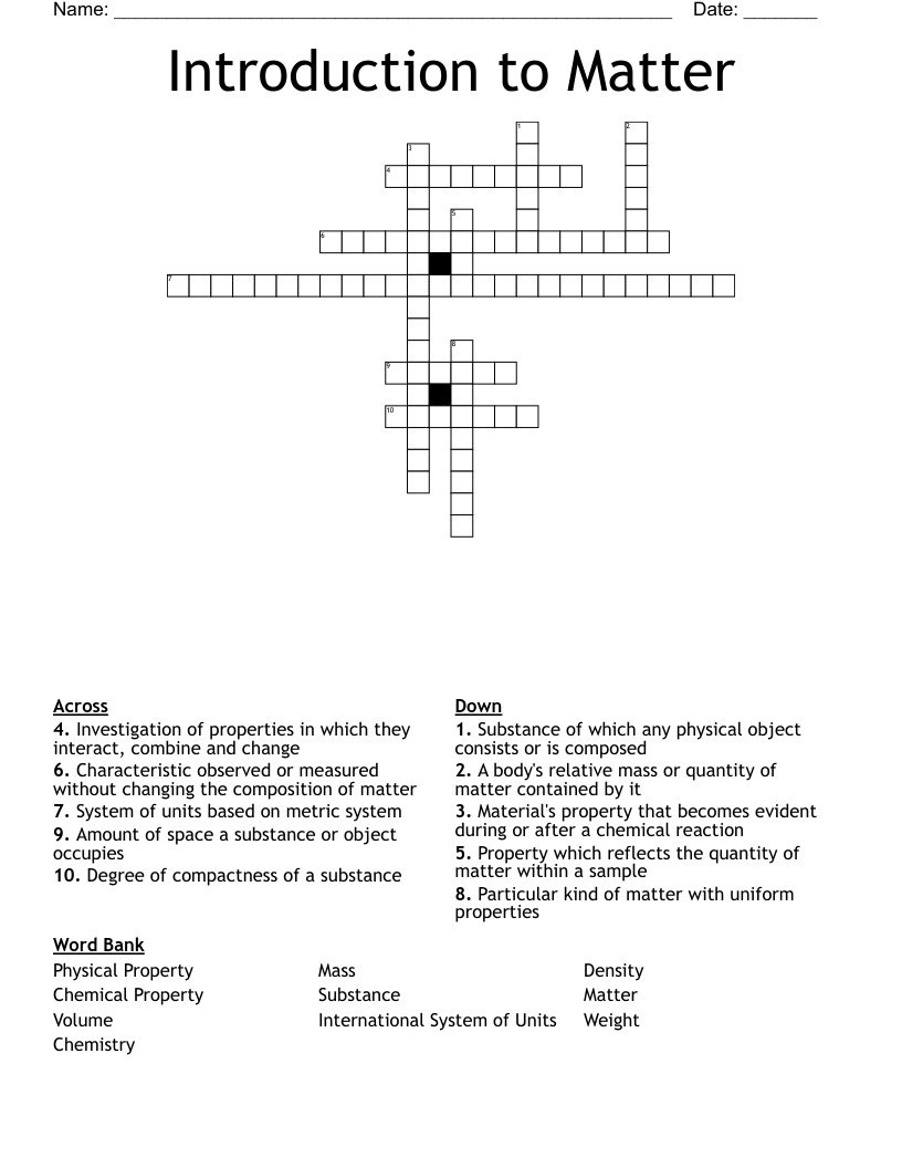 Introduction to Matter Crossword