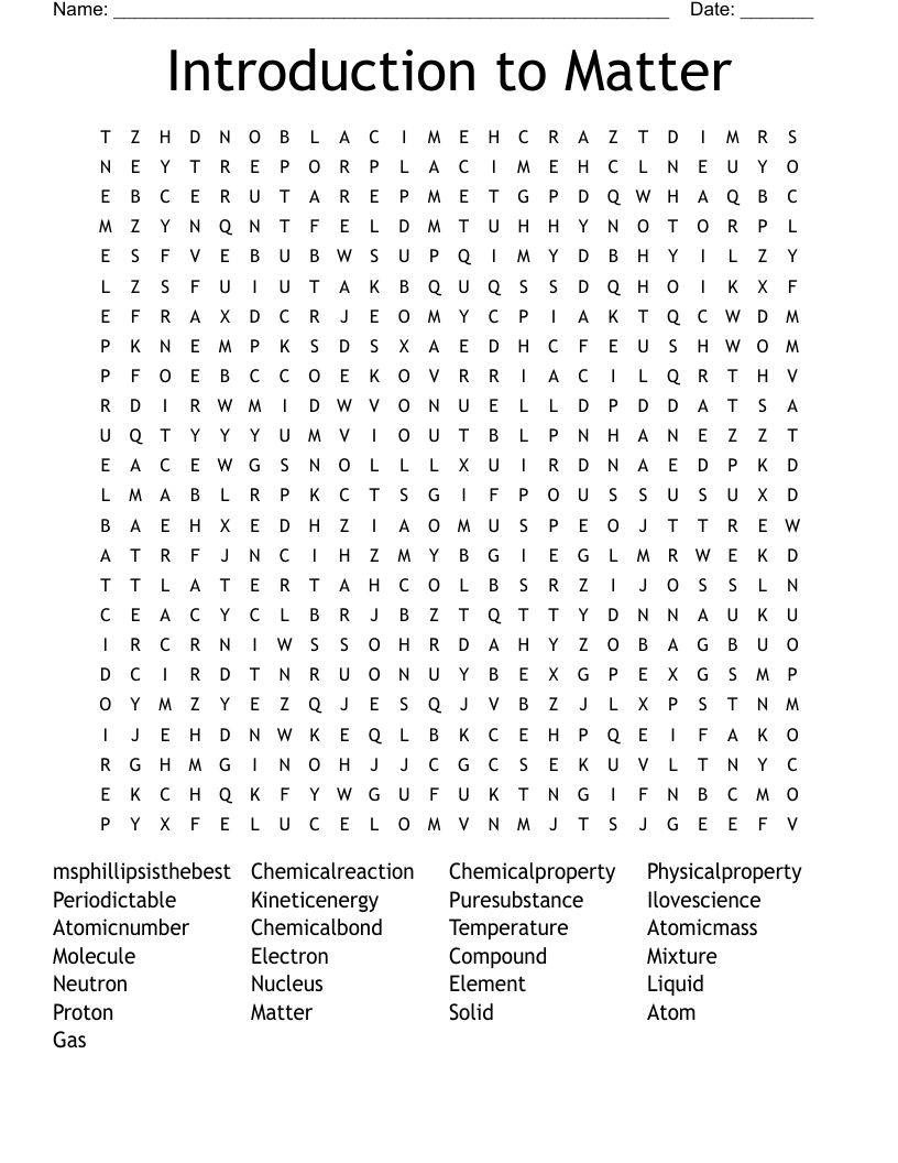 Introduction to Matter  Word Search