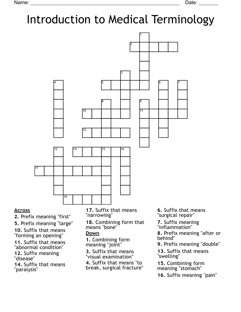 Introduction to Medical Terminology  Crossword