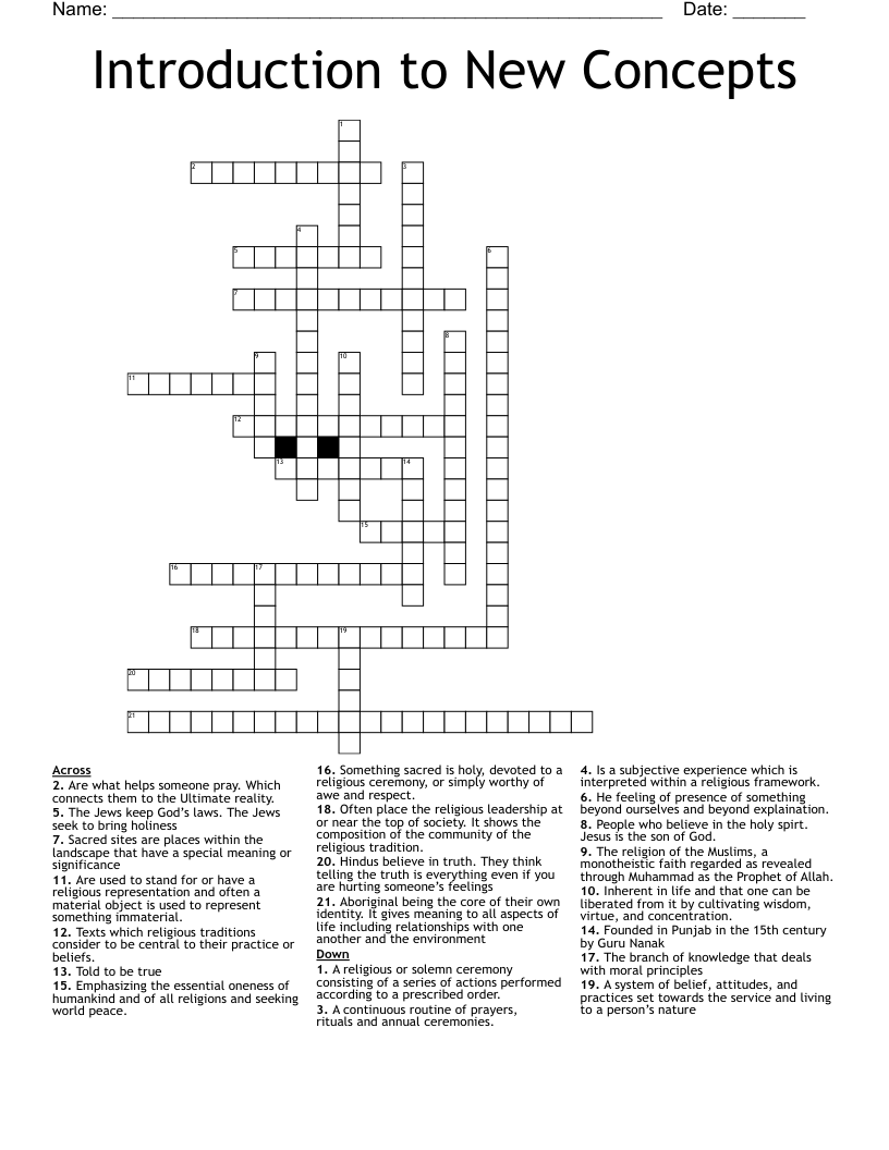 Introduction to New Concepts Crossword
