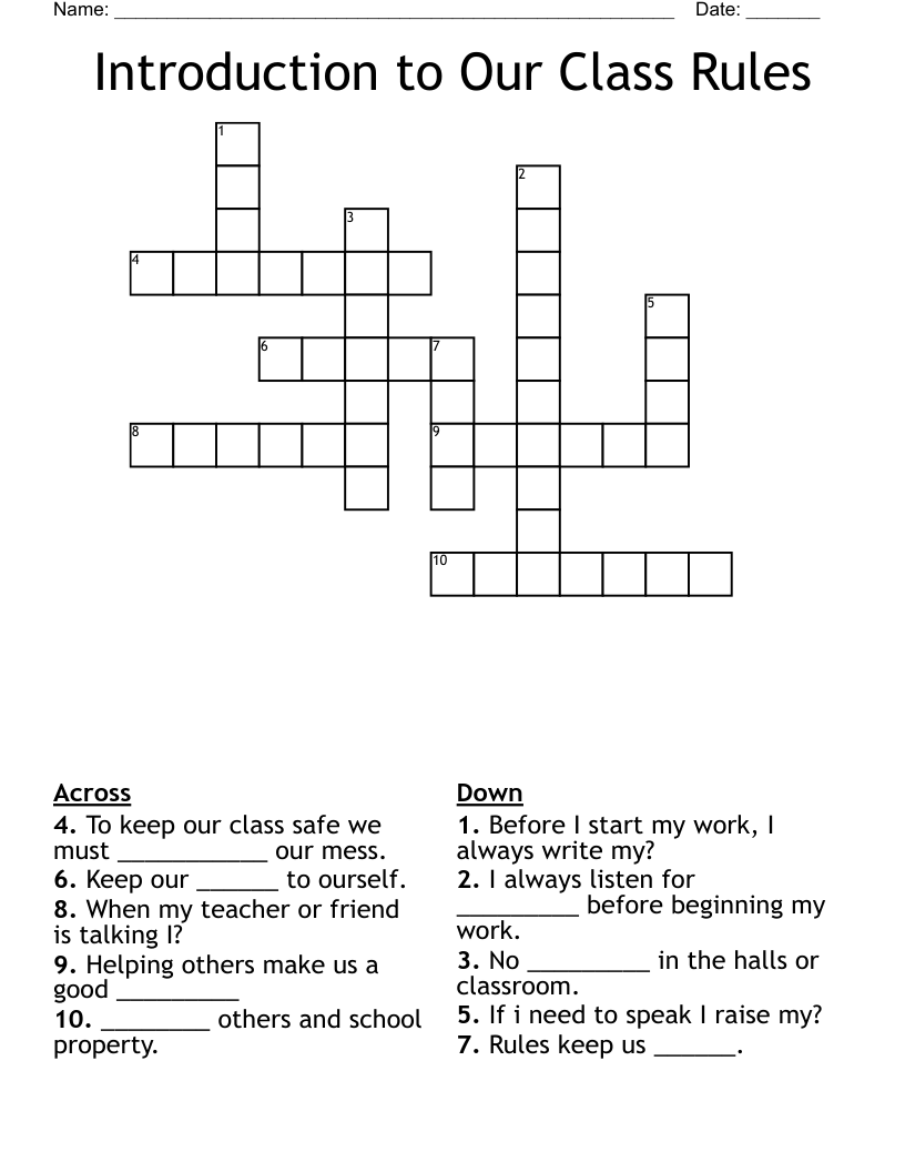 Introduction to Our Class Rules Crossword