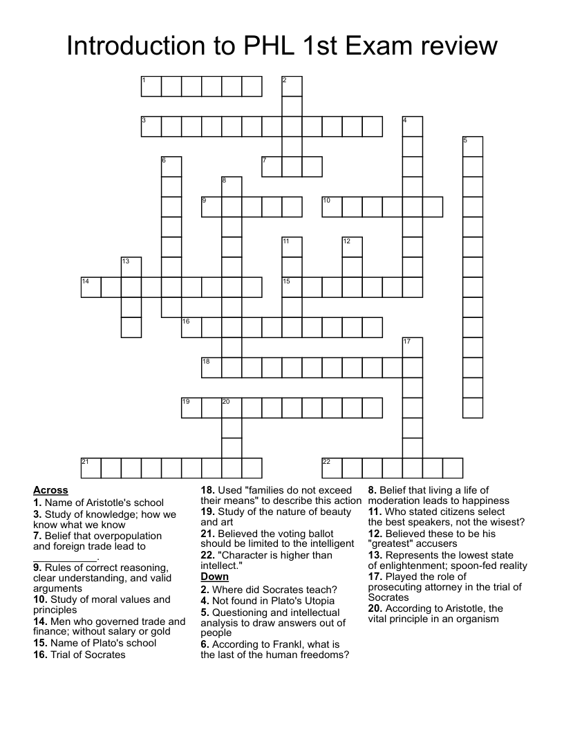 Introduction to PHL   1st Exam review Crossword
