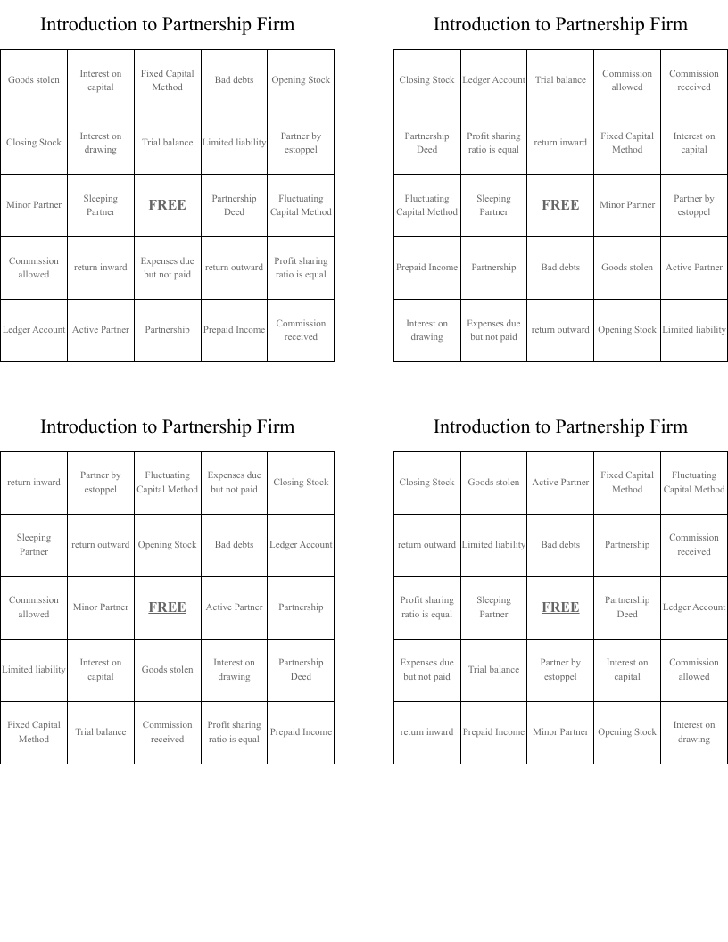 Introduction to Partnership Firm Bingo Cards
