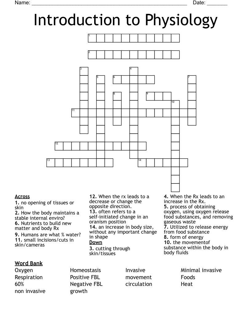 Introduction to Physiology Crossword