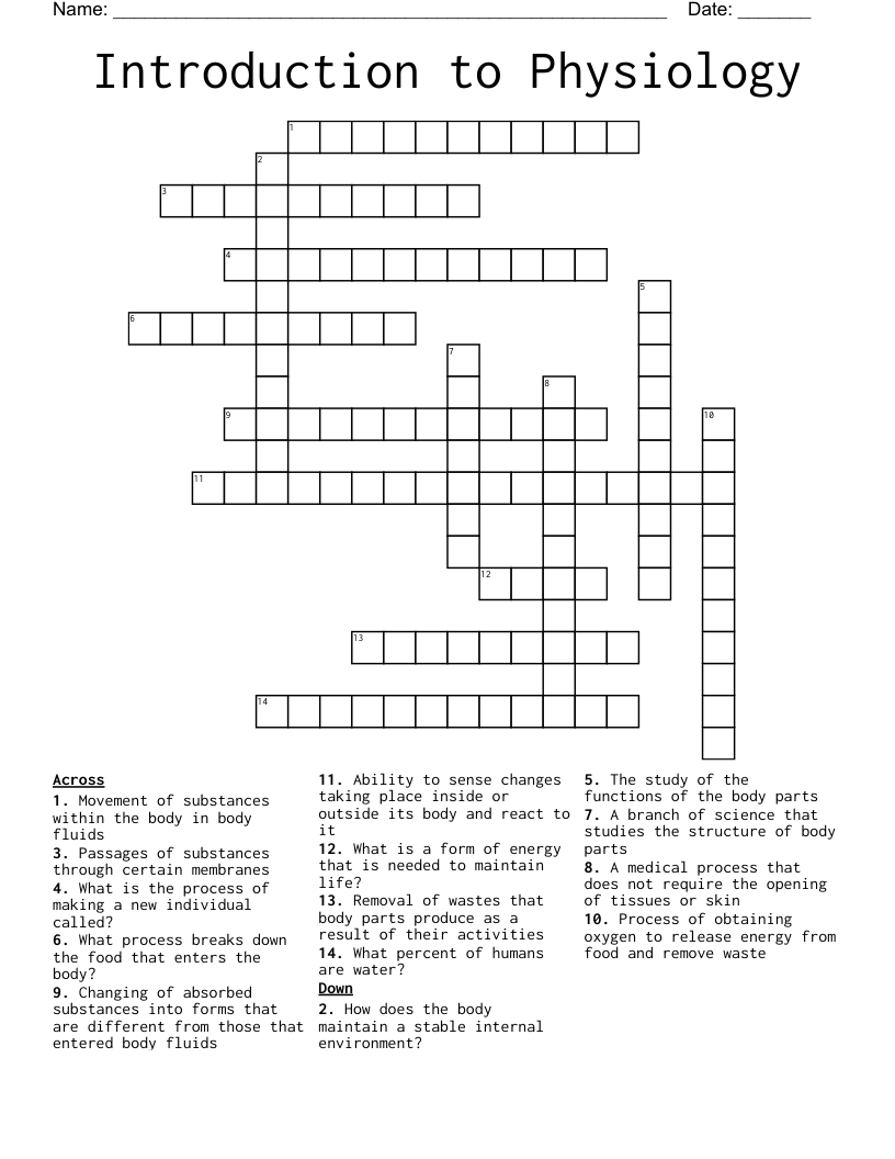 Introduction to Physiology Crossword