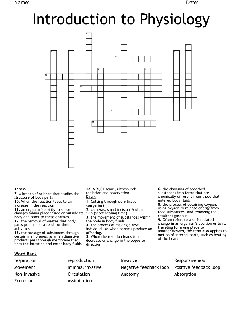 Introduction to Physiology Crossword