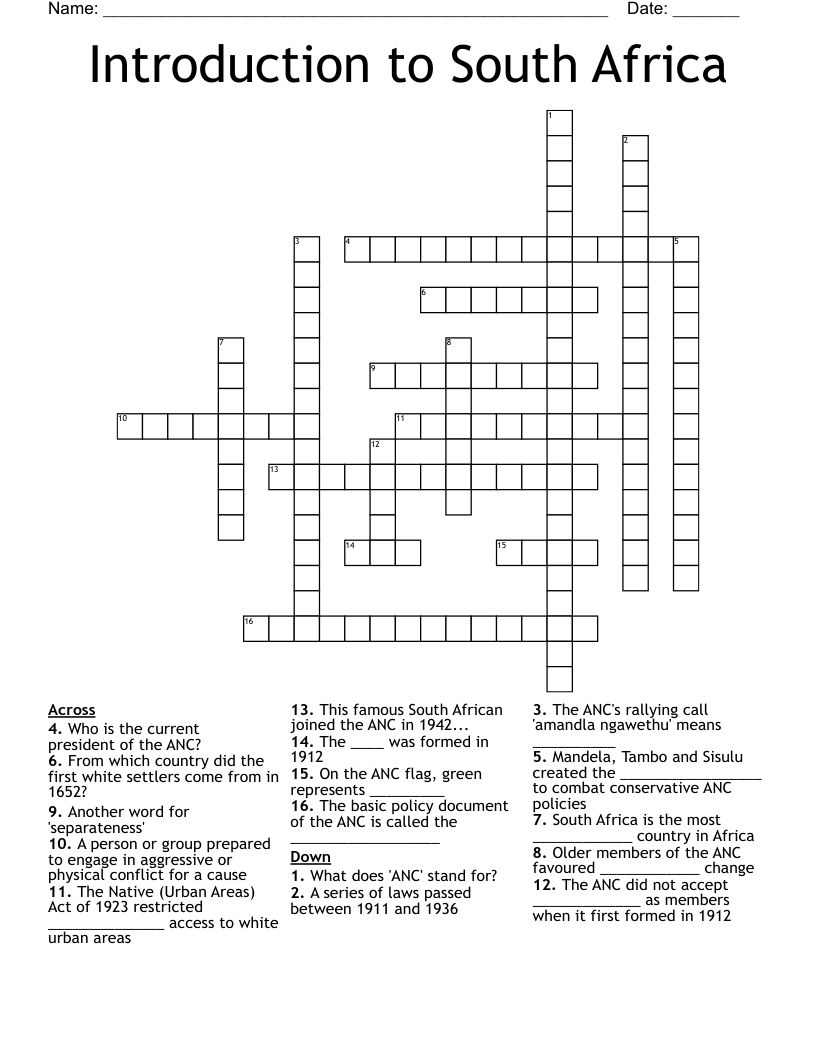 Introduction to South Africa Crossword