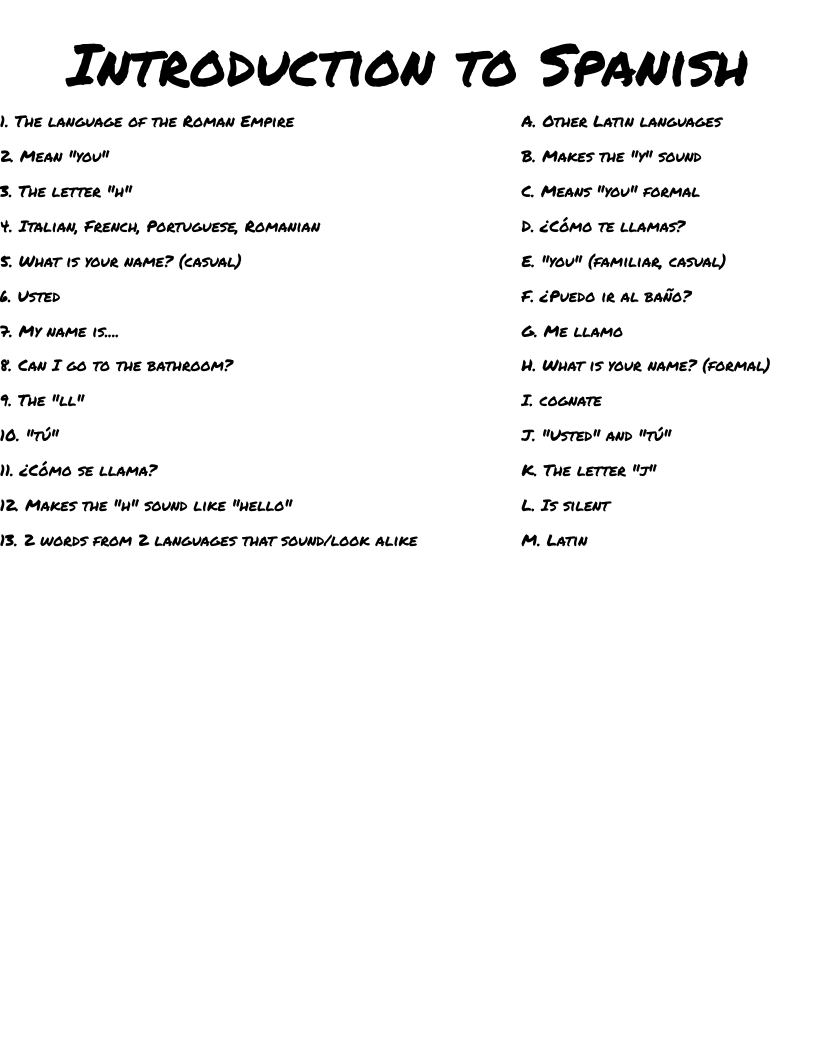 Introduction to Spanish Worksheet